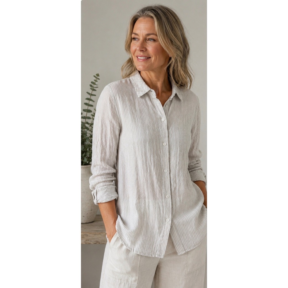 Eileen Fisher Organic Linen Striped Crinkle Gauze Button Down Shirt Petite S PS